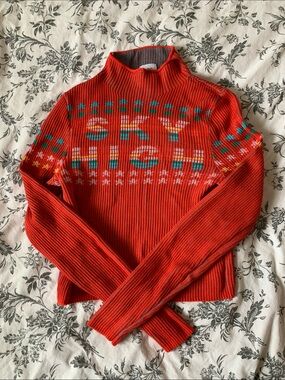 BDG Bright Red Ribbed Turtleneck Sweater with Multicolor Ski Motif